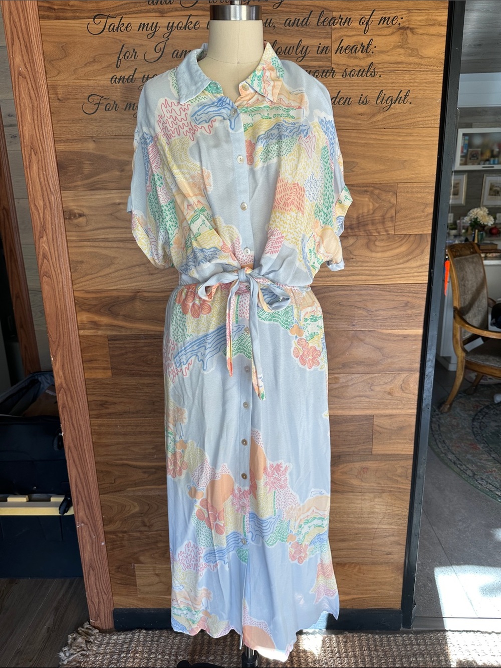 FRNCH Paris Pastel Multicolor Floral Button-Front Maxi Dress tie waist Sz m